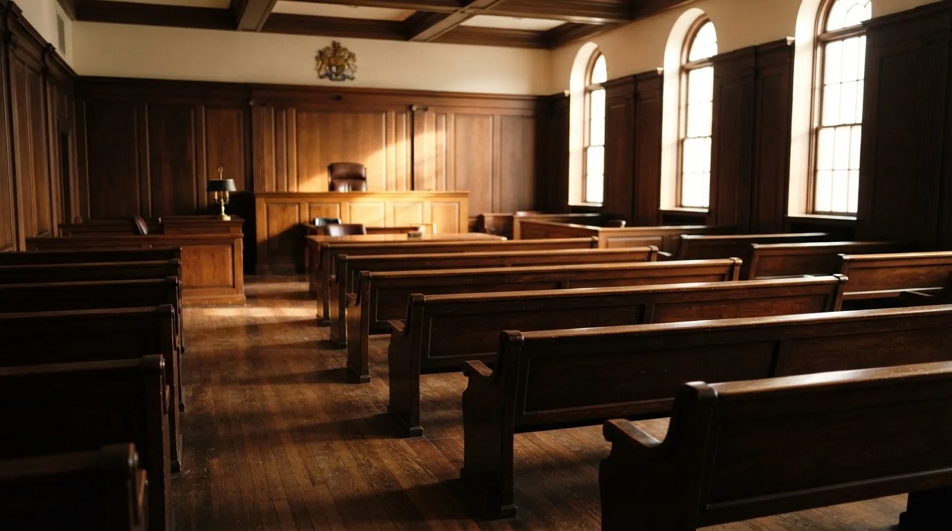 Een lege rechtszaal met houten banken in het ochtendlicht
