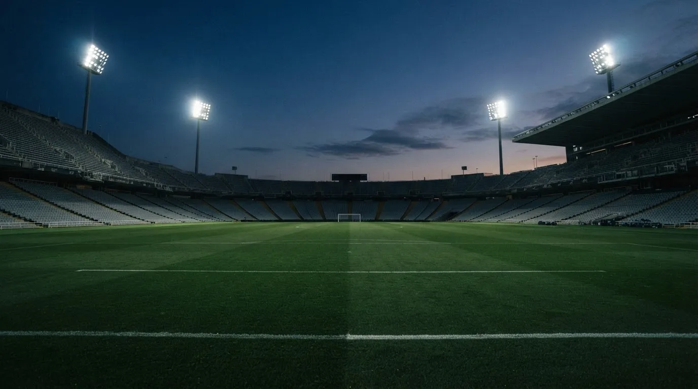 Een leeg voetbalstadion met lichtmasten bij schemering