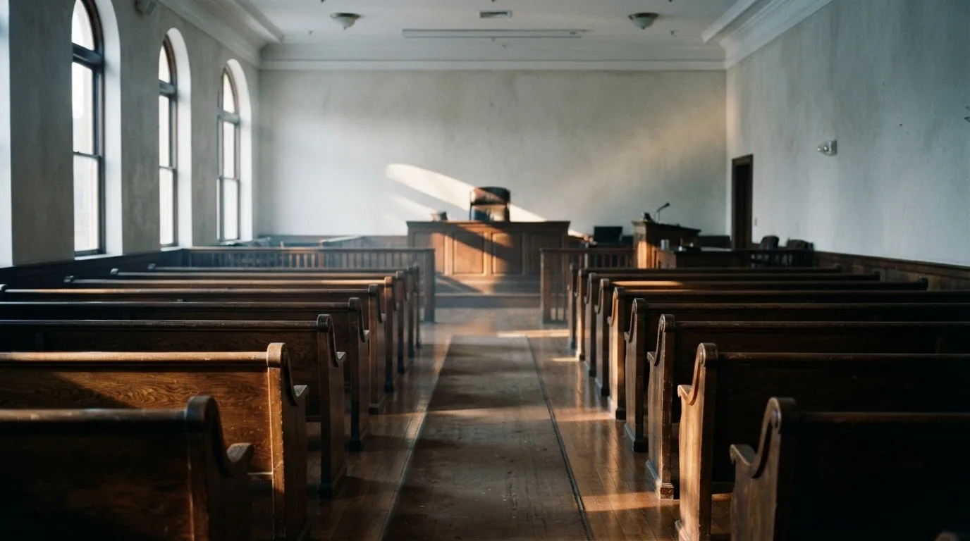 Een lege rechtszaal met houten banken in het ochtendlicht