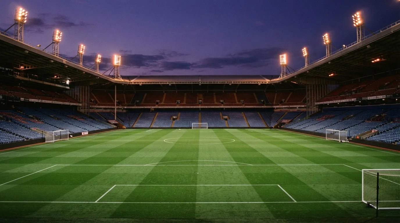 Een leeg voetbalstadion met lichtmasten bij schemering