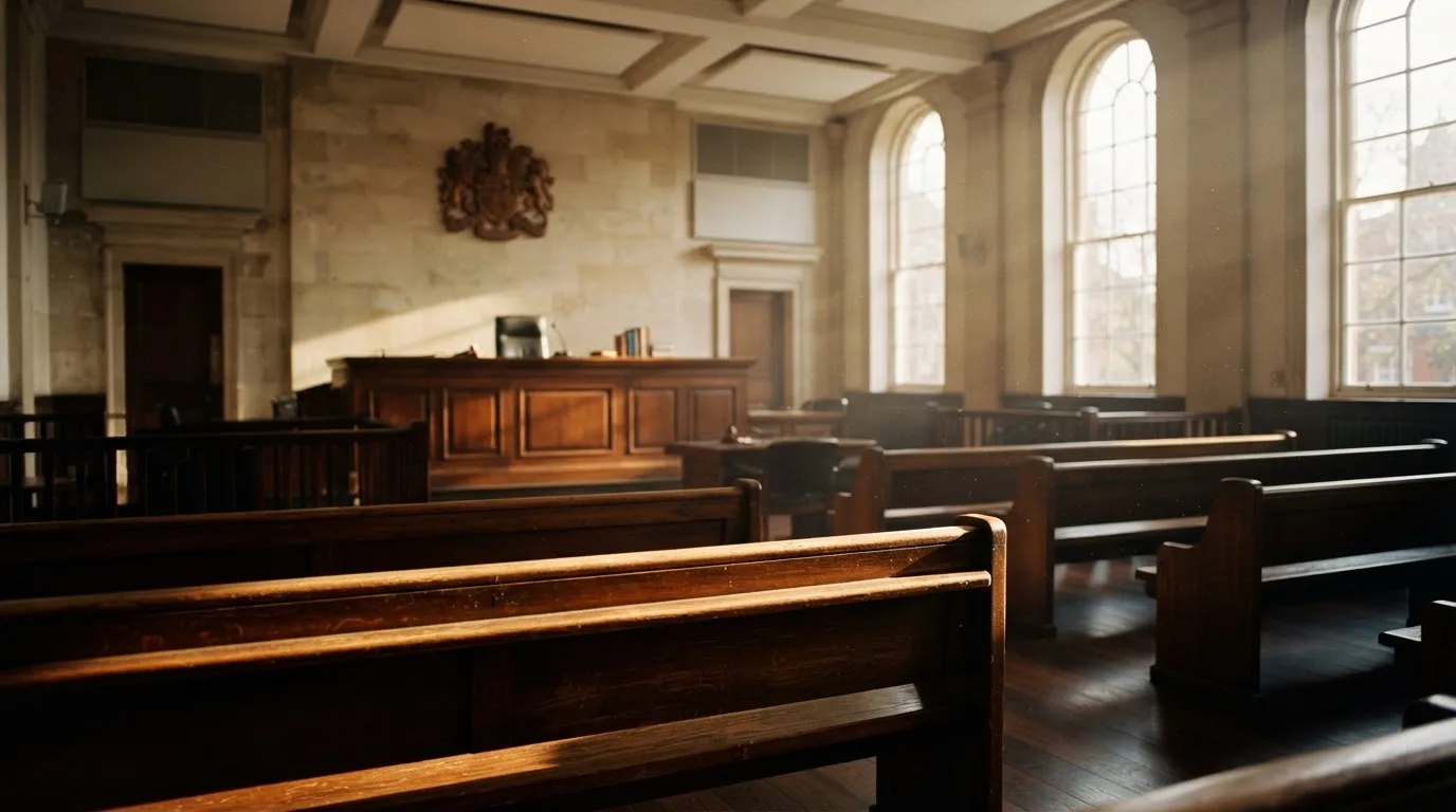Een lege rechtszaal met houten banken in het ochtendlicht