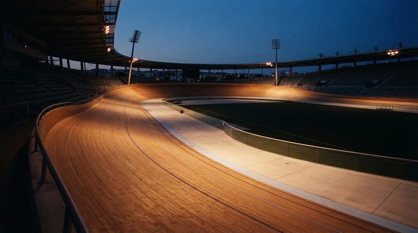 Een leeg voetbalstadion met lichtmasten bij schemering