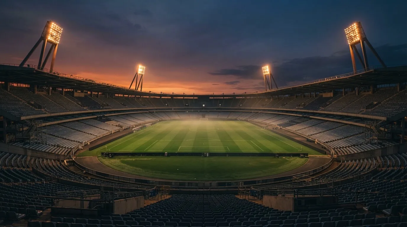 Een leeg voetbalstadion met lichtmasten bij schemering