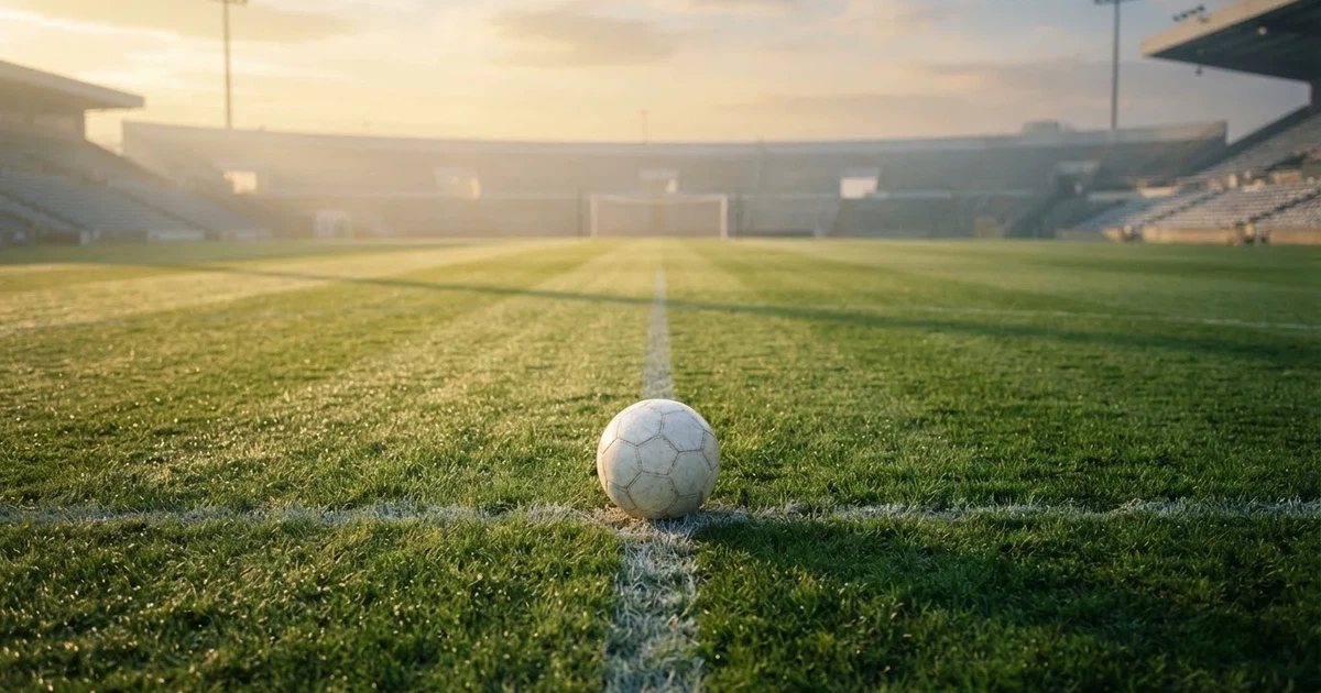 Een voetbal op de middenstip van een grasveld in het ochtendlicht