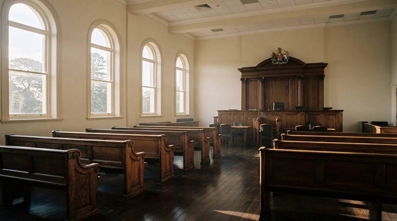 Een lege rechtszaal met houten banken in het ochtendlicht