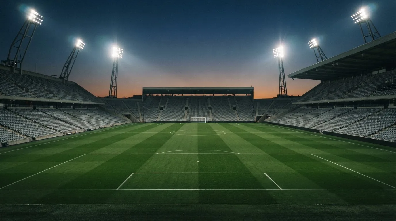 Een leeg voetbalstadion met lichtmasten bij schemering