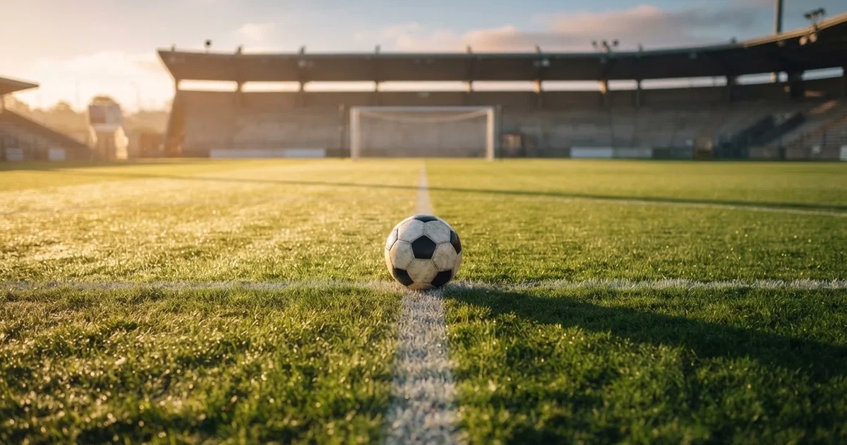 Een voetbal op de middenstip van een grasveld in het ochtendlicht