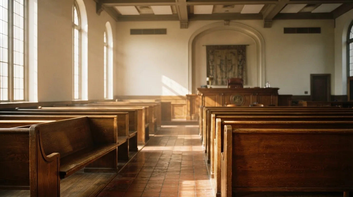 Een lege rechtszaal met houten banken in het ochtendlicht