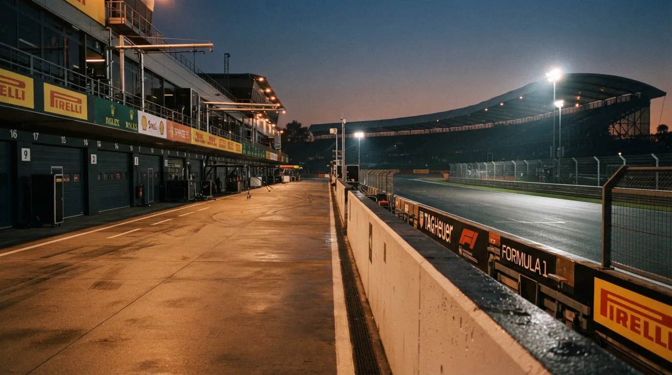 Een leeg voetbalstadion met lichtmasten bij schemering