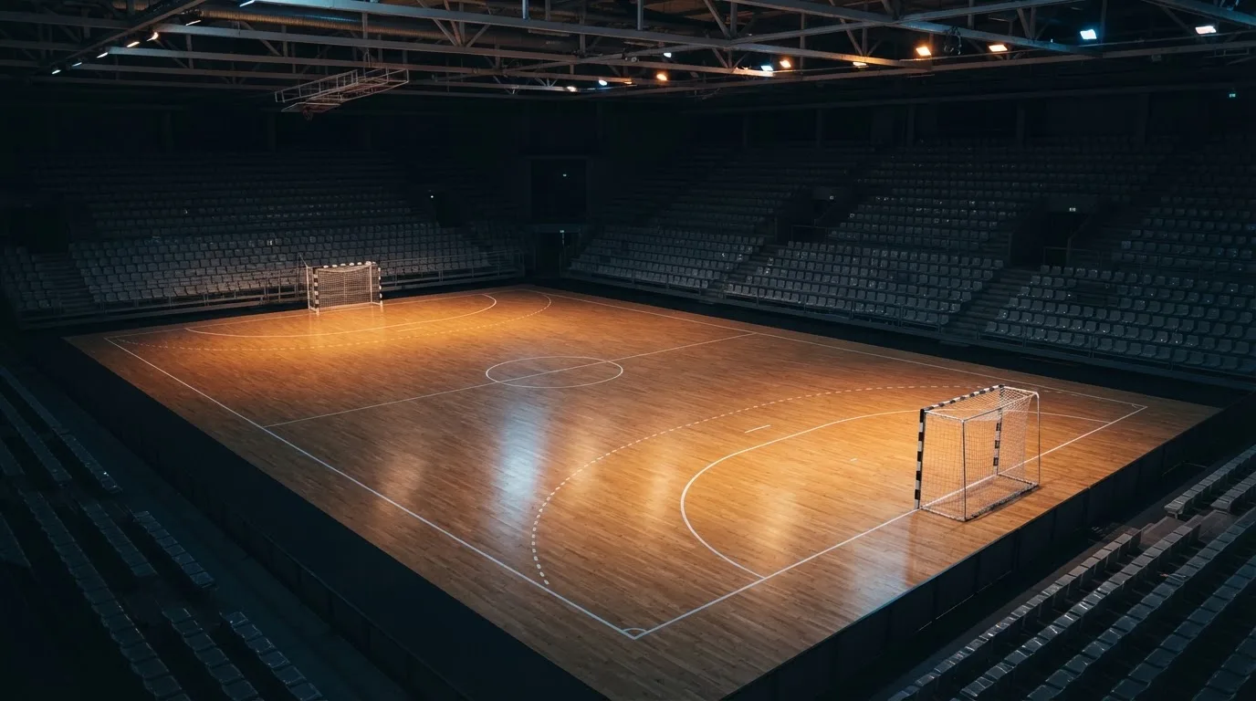 Een leeg voetbalstadion met lichtmasten bij schemering