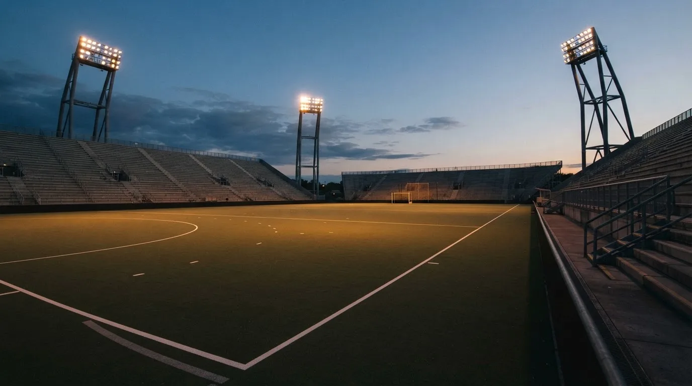 Een leeg voetbalstadion met lichtmasten bij schemering
