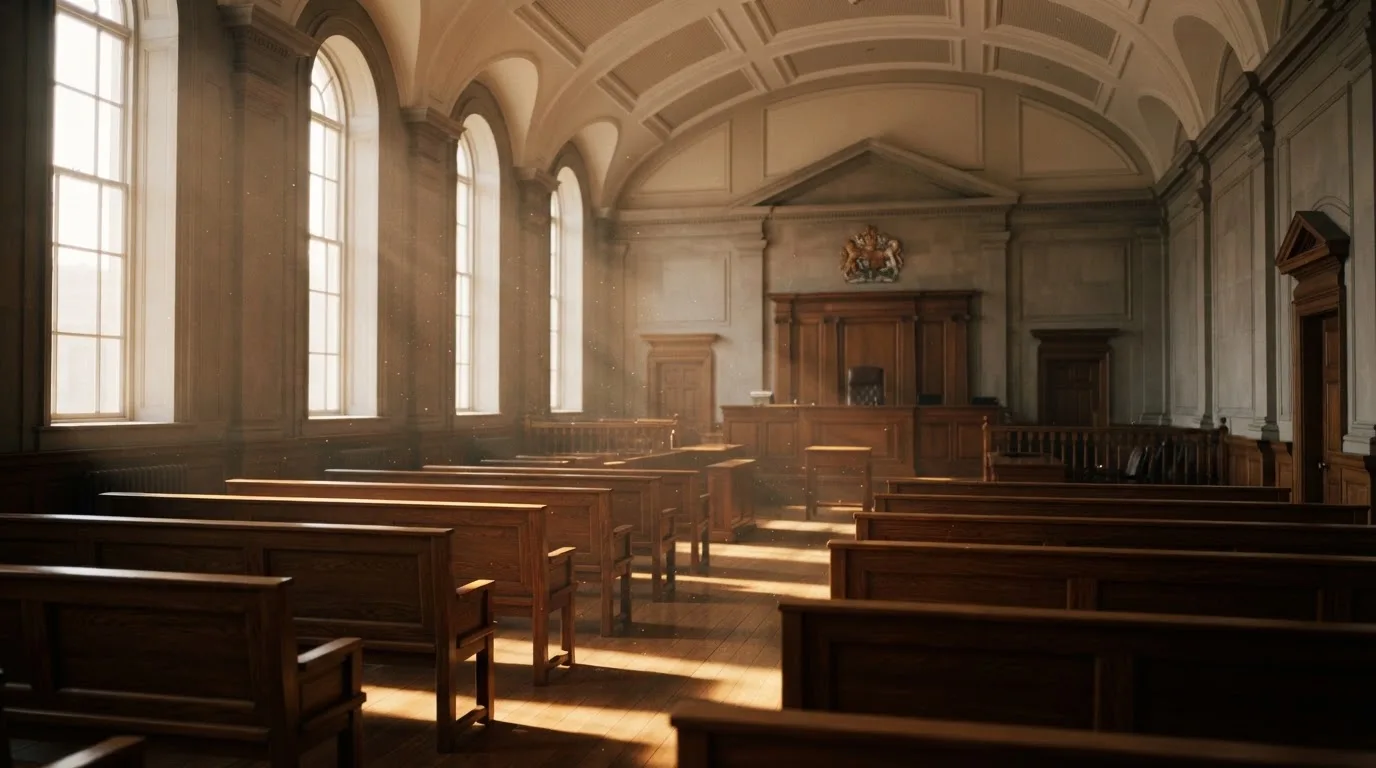 Een lege rechtszaal met houten banken in het ochtendlicht