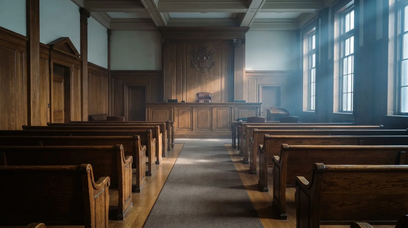 Een lege rechtszaal met houten banken in het ochtendlicht