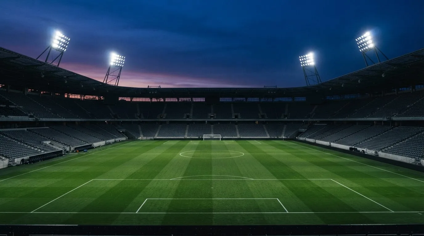 Een leeg voetbalstadion met lichtmasten bij schemering