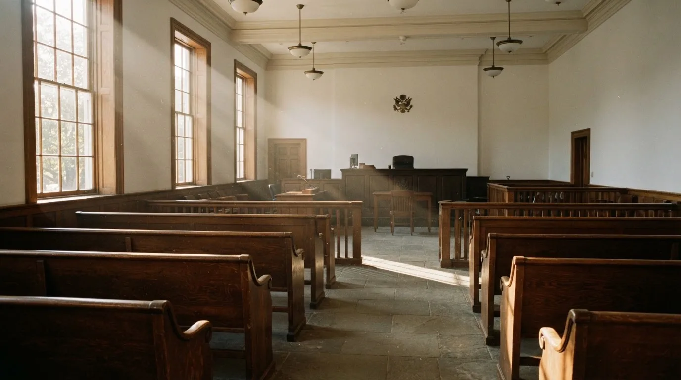 Een lege rechtszaal met houten banken in het ochtendlicht