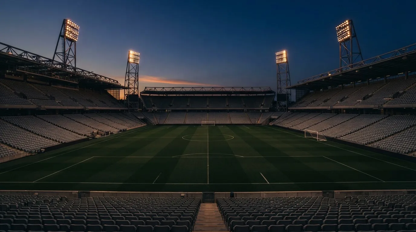 Een leeg voetbalstadion met lichtmasten bij schemering