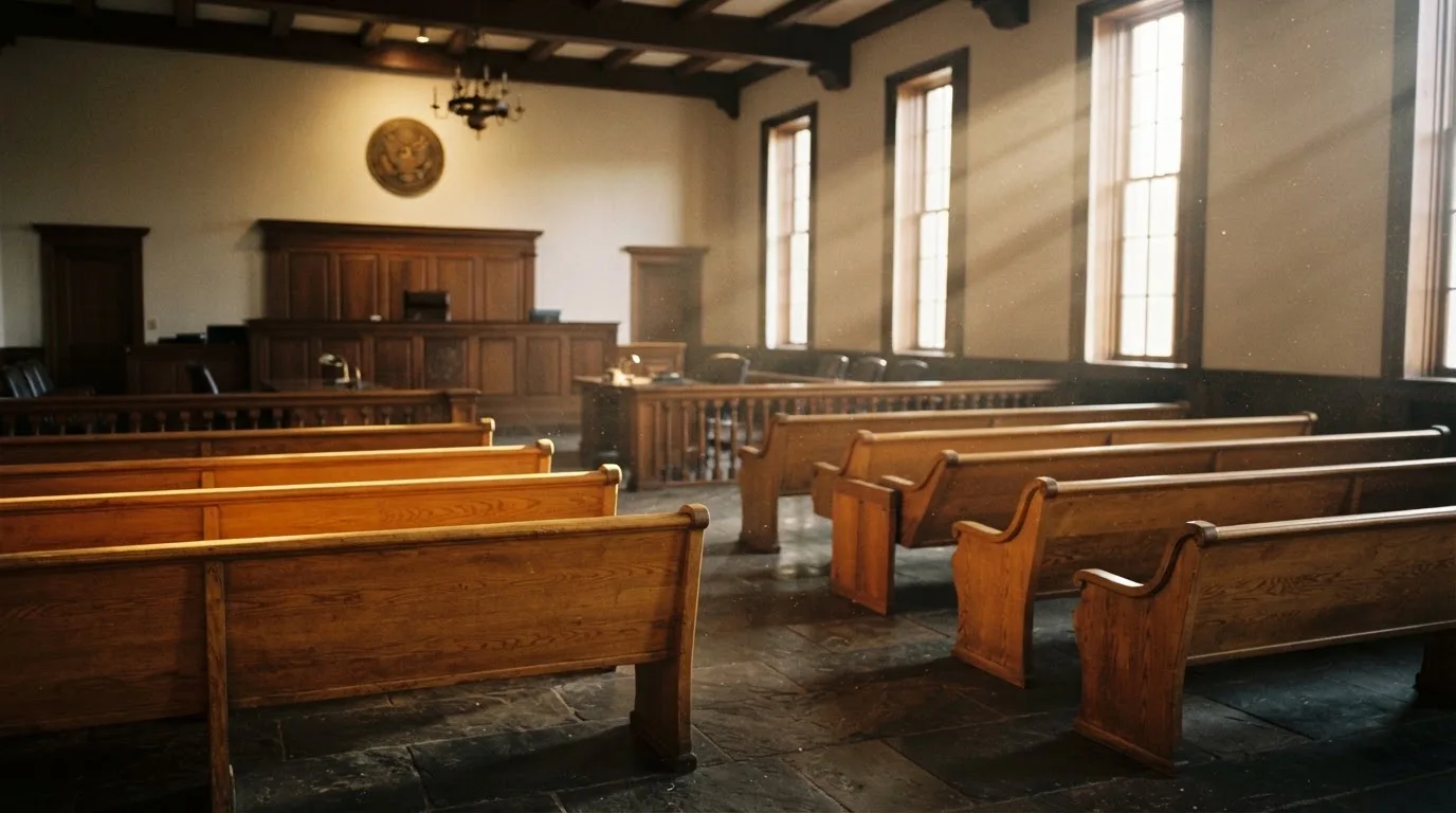 Een lege rechtszaal met houten banken in het ochtendlicht