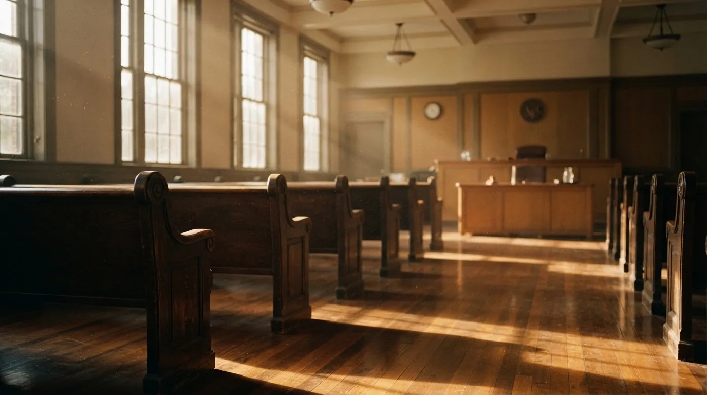 Een lege rechtszaal met houten banken in het ochtendlicht
