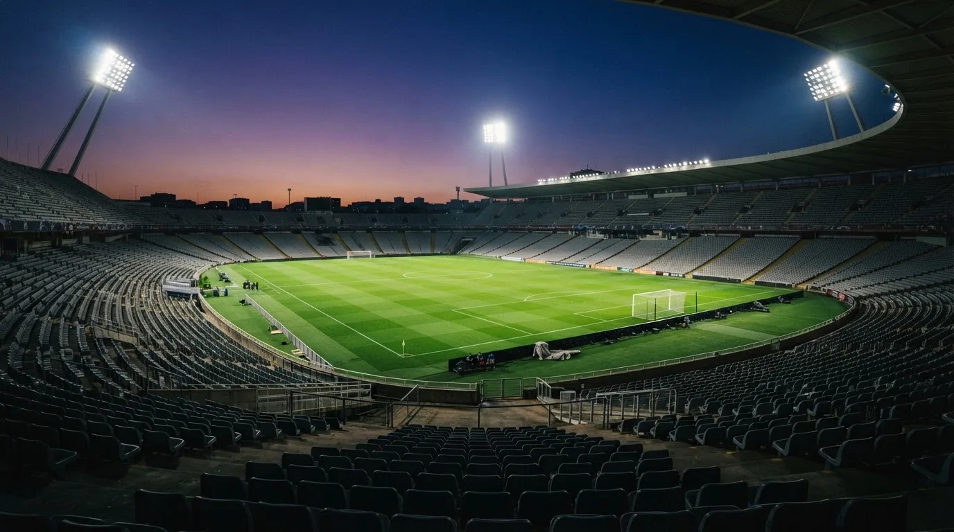 Een leeg voetbalstadion met lichtmasten bij schemering