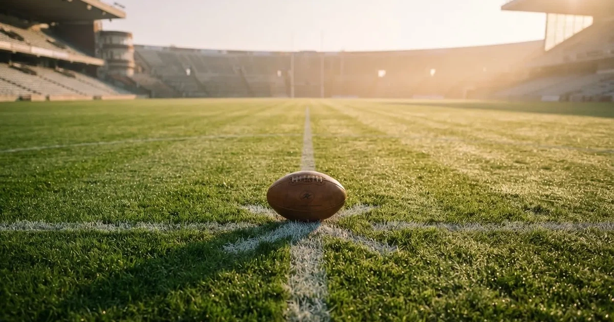 Een voetbal op de middenstip van een grasveld in het ochtendlicht