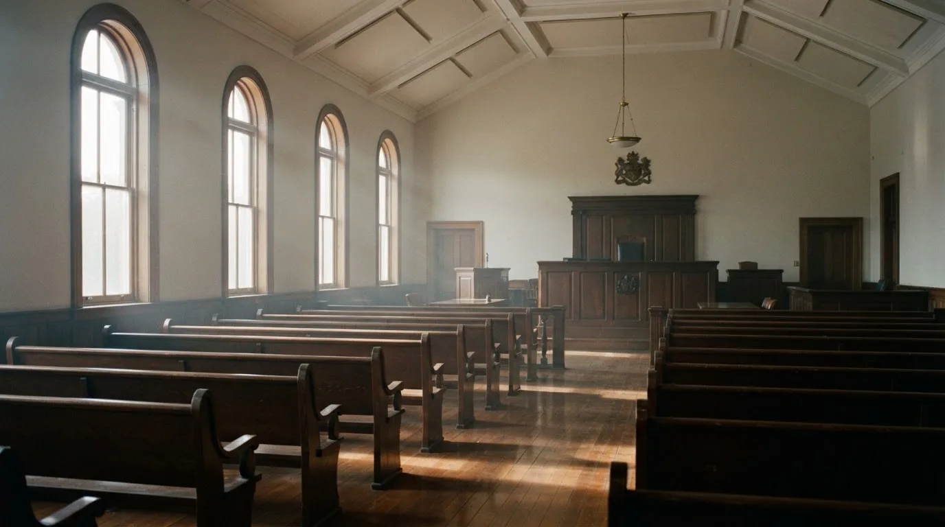 Een lege rechtszaal met houten banken in het ochtendlicht