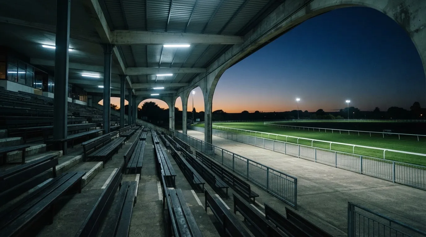 Een leeg voetbalstadion met lichtmasten bij schemering