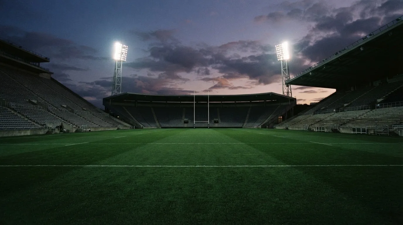 Een leeg voetbalstadion met lichtmasten bij schemering