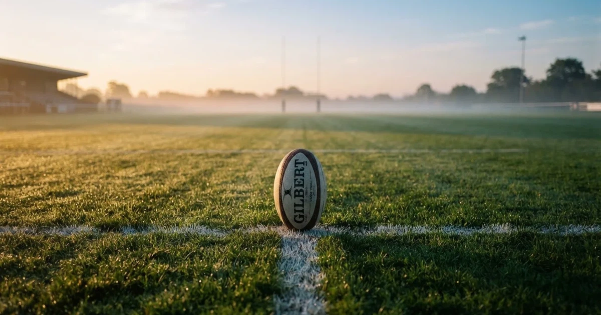 Een voetbal op de middenstip van een grasveld in het ochtendlicht