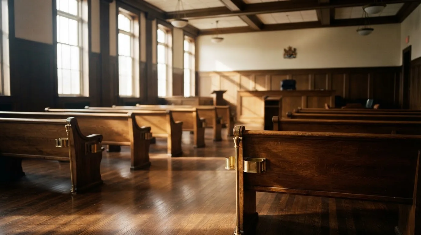 Een lege rechtszaal met houten banken in het ochtendlicht
