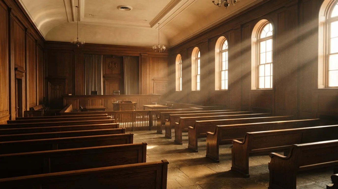 Een lege rechtszaal met houten banken in het ochtendlicht