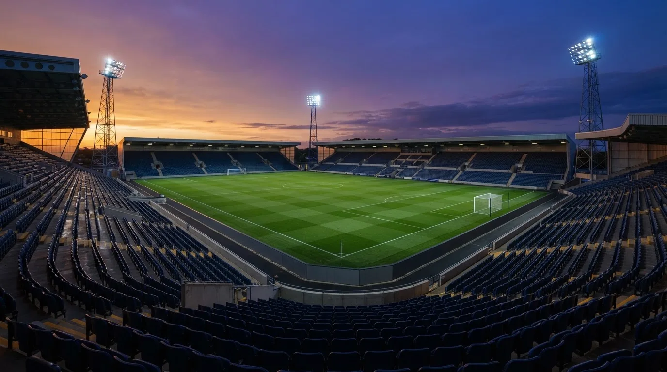 Een leeg voetbalstadion met lichtmasten bij schemering