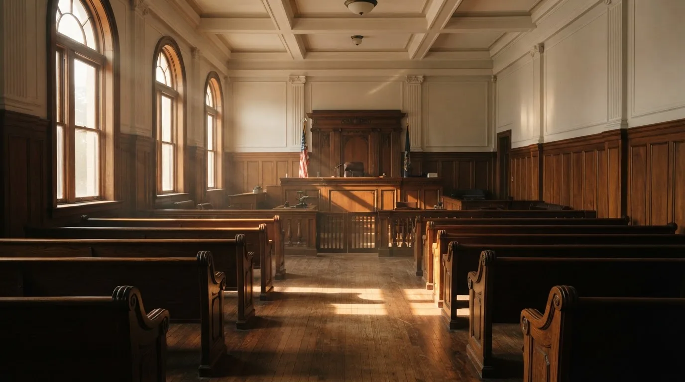 Een lege rechtszaal met houten banken in het ochtendlicht