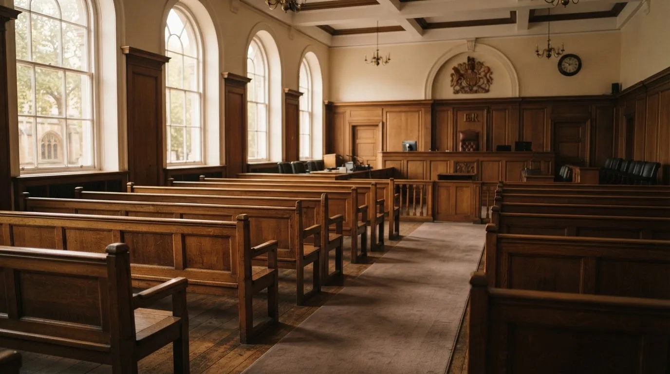 Een lege rechtszaal met houten banken in het ochtendlicht