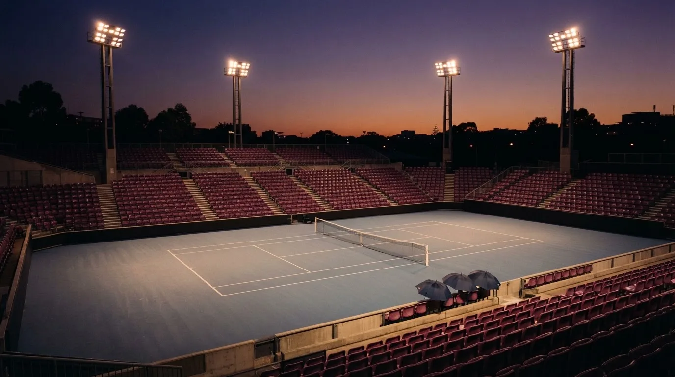 Een leeg voetbalstadion met lichtmasten bij schemering