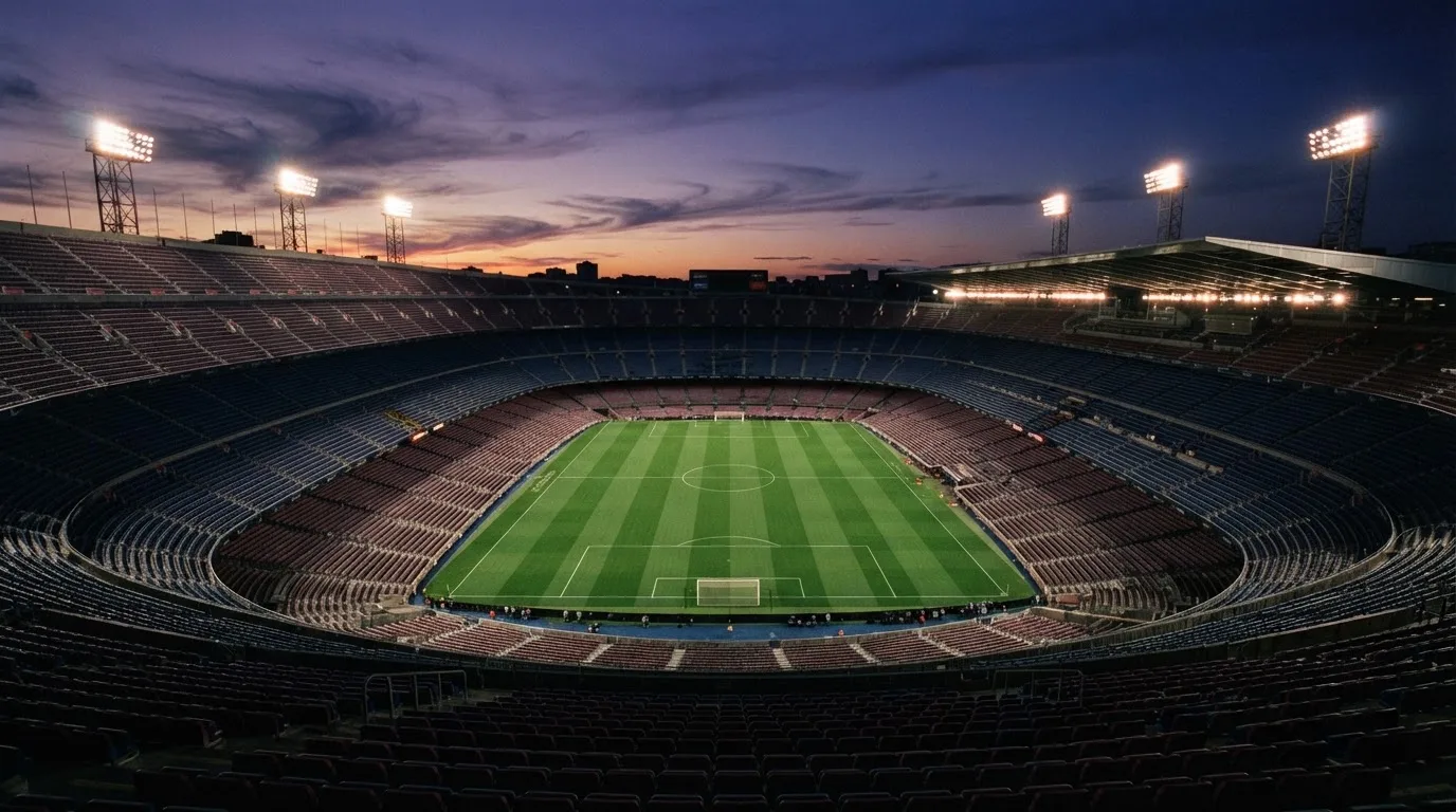 Een leeg voetbalstadion met lichtmasten bij schemering