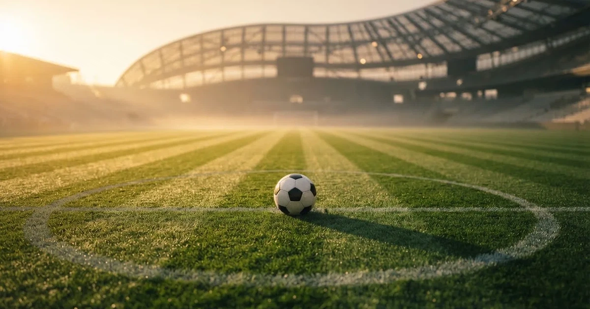 Een voetbal op de middenstip van een grasveld in het ochtendlicht