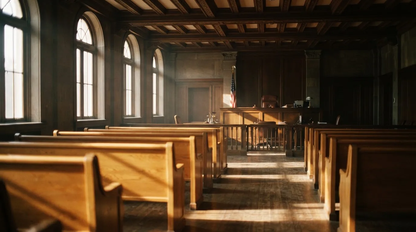 Een lege rechtszaal met houten banken in het ochtendlicht