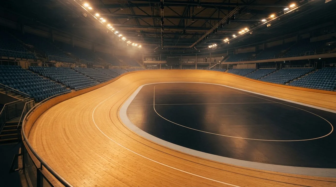 Een leeg voetbalstadion met lichtmasten bij schemering