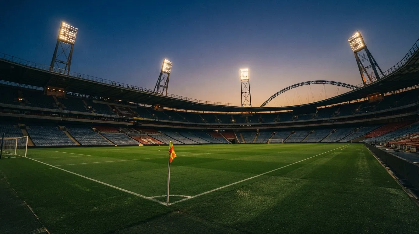 Een leeg voetbalstadion met lichtmasten bij schemering