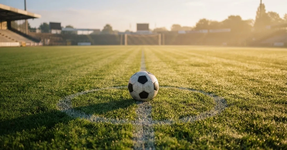 Een voetbal op de middenstip van een grasveld in het ochtendlicht