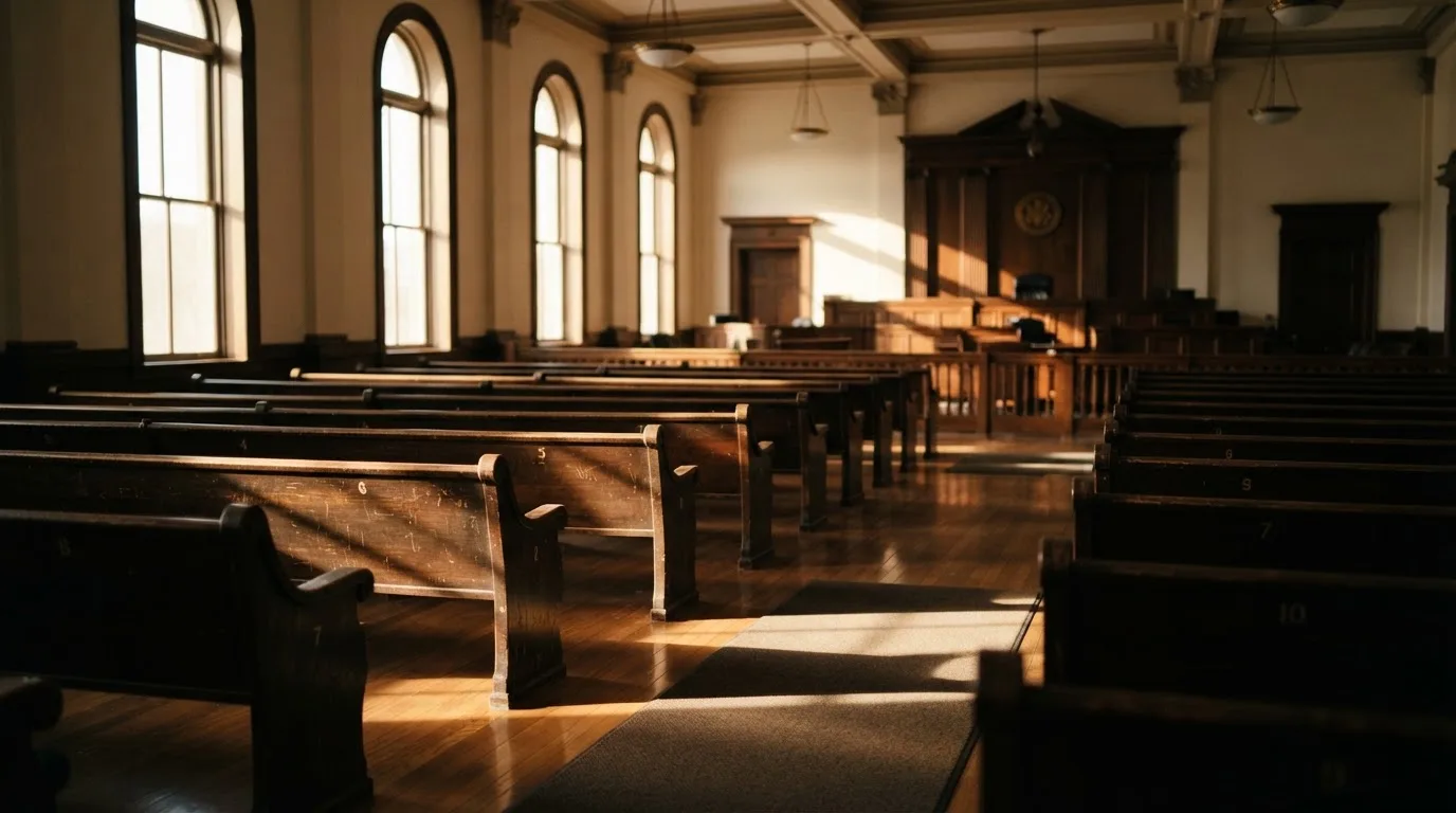 Een lege rechtszaal met houten banken in het ochtendlicht