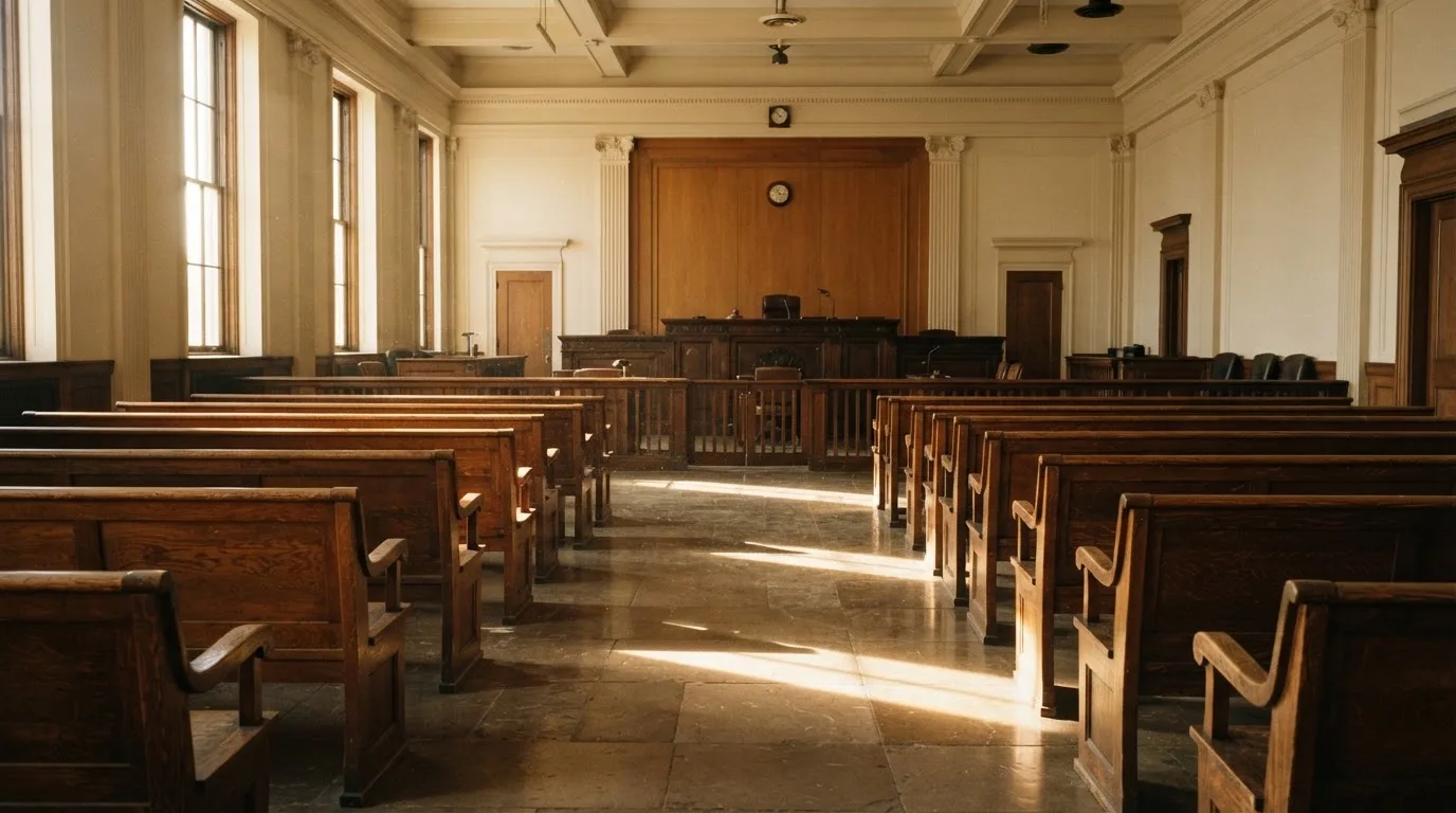 Een lege rechtszaal met houten banken in het ochtendlicht