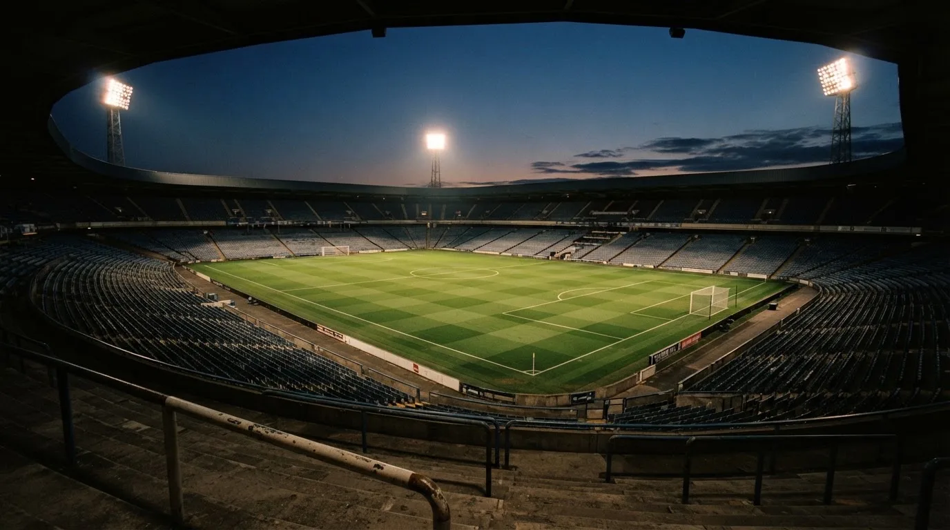 Een leeg voetbalstadion met lichtmasten bij schemering