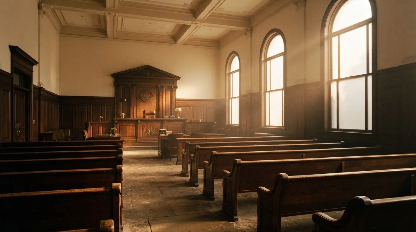 Een lege rechtszaal met houten banken in het ochtendlicht