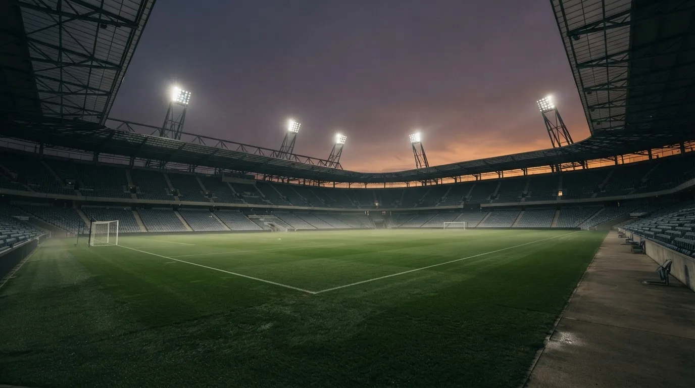Een leeg voetbalstadion met lichtmasten bij schemering