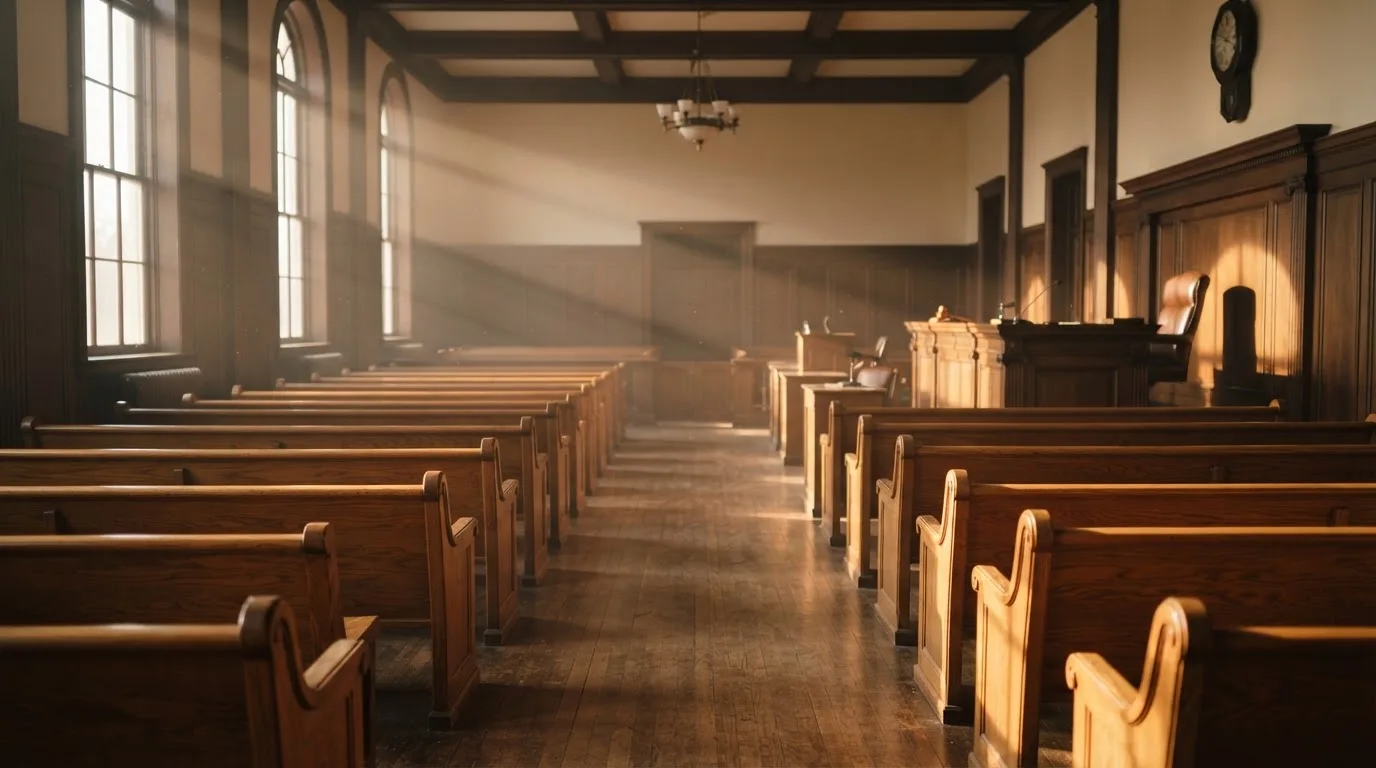 Een lege rechtszaal met houten banken in het ochtendlicht